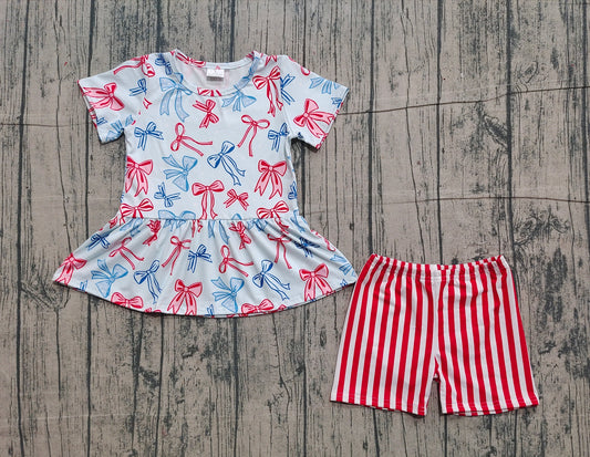 11.19 GSSO2838 Sample No Moq Baby Girls Red Blue Bows Tunic Stripe Shorts July 4th Clothes Sets