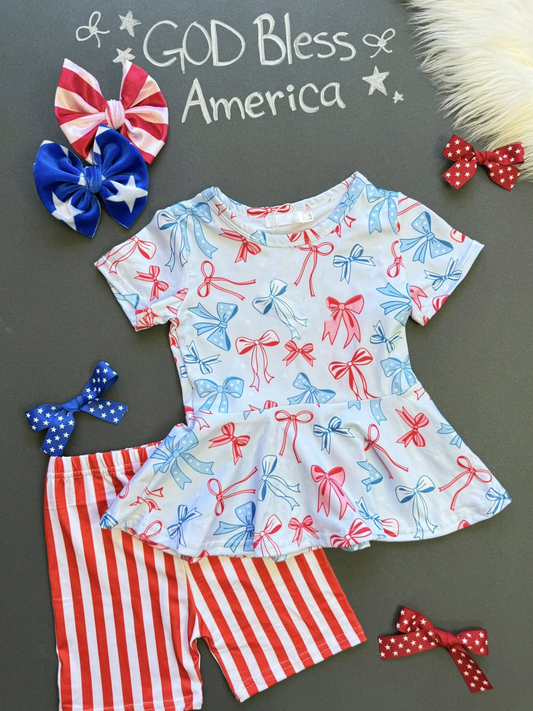 11.5 GSSO2838 Pre order No Moq Baby Girls Red Blue Bows Tunic Stripe Shorts July 4th Clothes Sets