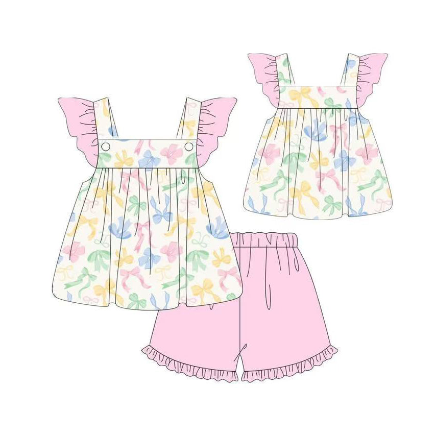 11.7 GSSO2845 Pre order No Moq Baby Girls Colorful Bows Flutter Sleeve Tunic Ruffle Shorts Clothes Sets