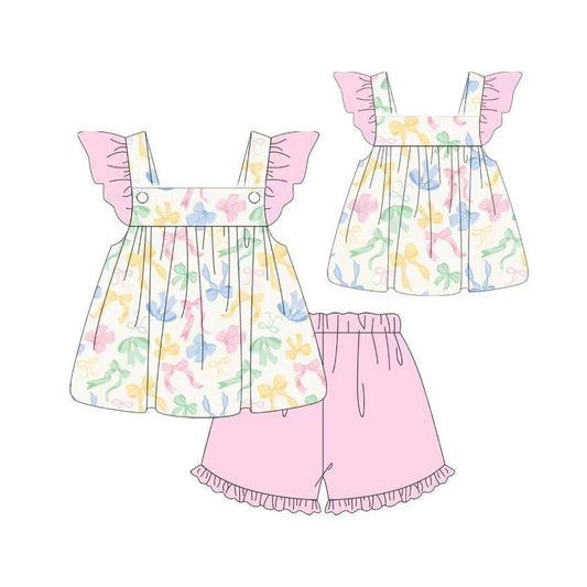 11.7 GSSO2845 Pre order No Moq Baby Girls Colorful Bows Flutter Sleeve Tunic Ruffle Shorts Clothes Sets