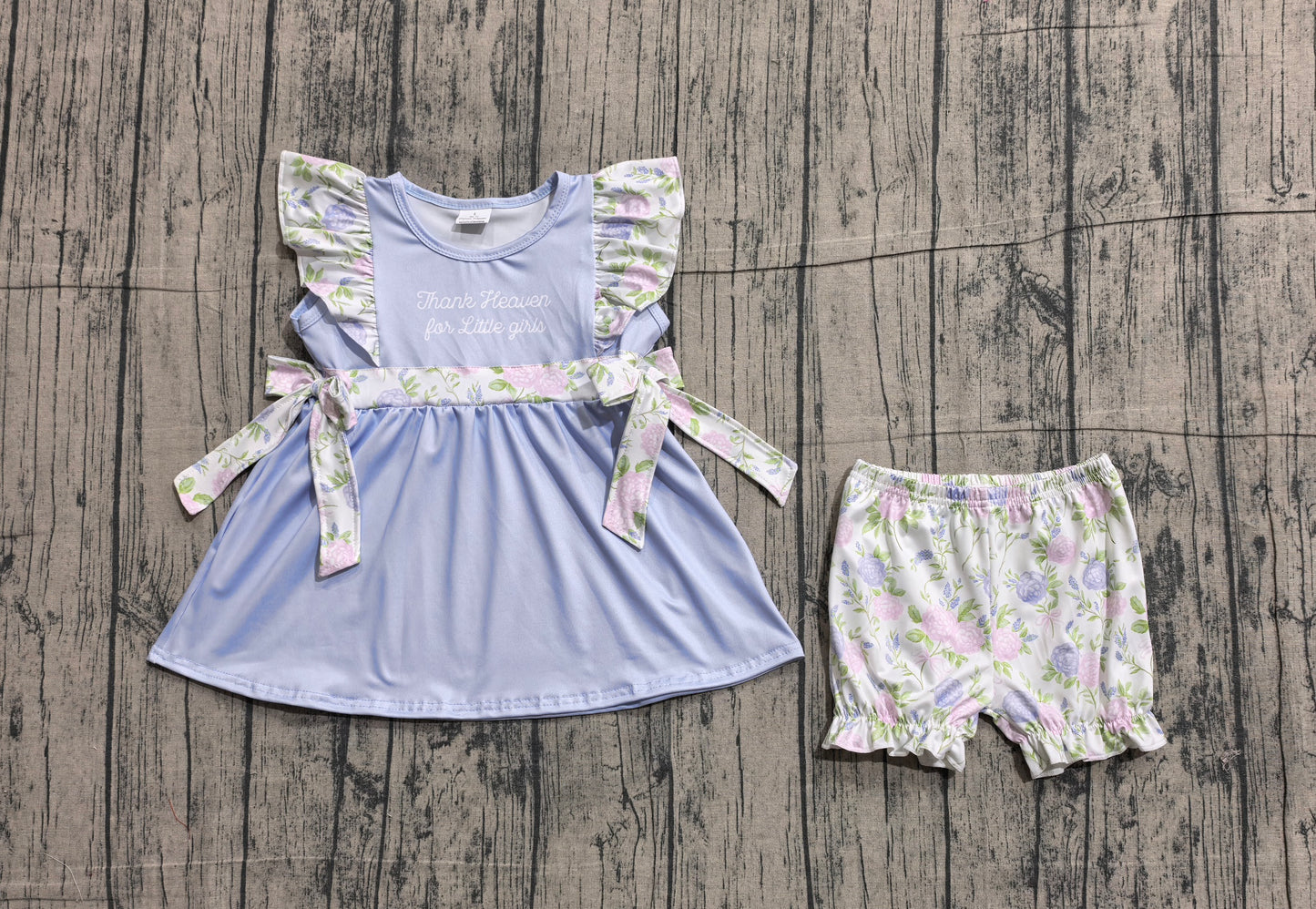 1.31 GSSO2846 Sample No Moq Baby Girls Thank Heaven Little Girl Bows Tunic Ruffle Shorts Clothes Sets