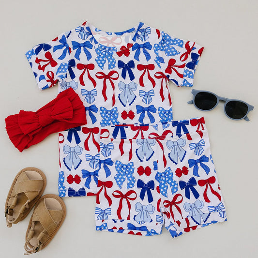 11.7 GSSO2848 Pre order No Moq Baby Girls Red Blue Bows Plaid Top Shorts July 4th Pajamas Sets