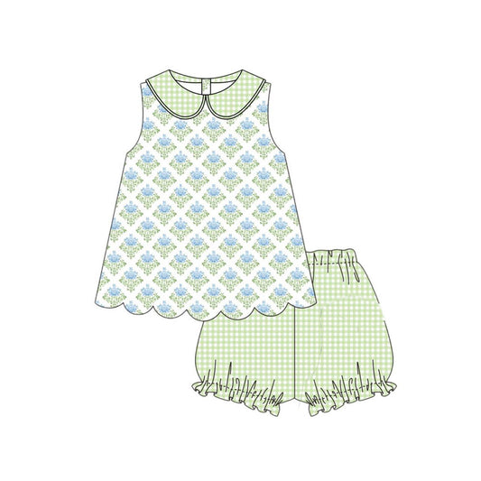 11.8 GSSO2850 Pre order No Moq Baby Girls Flowers Plaid Collar Tunic Ruffle Shorts Clothes Sets