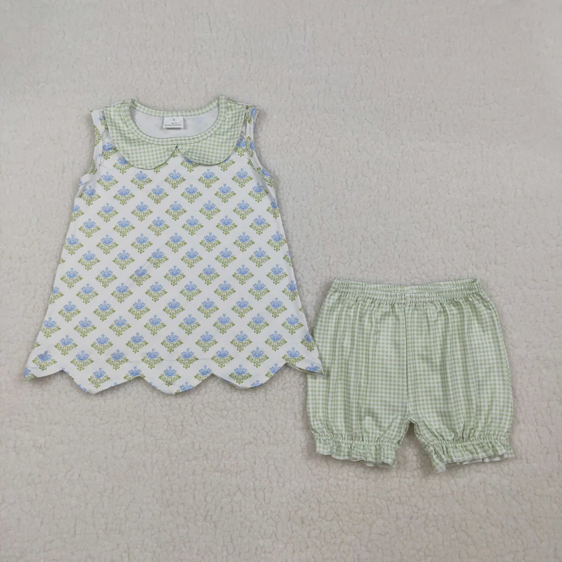 3.26 RTS Sibling Baby Girls Flowers Checked Collar Scallop Tunic Ruffle Short Clothes Set Rompers