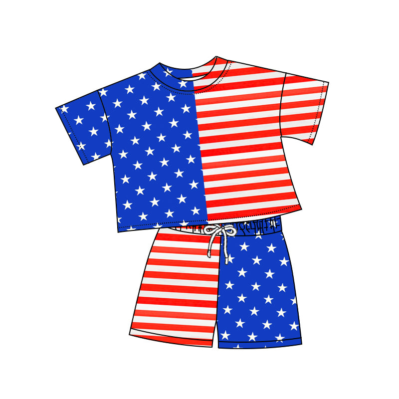 11.8 GSSO2852 Pre order No Moq Baby Girls Blue Red Stars Stripe Top Shorts July 4th Clothes Sets