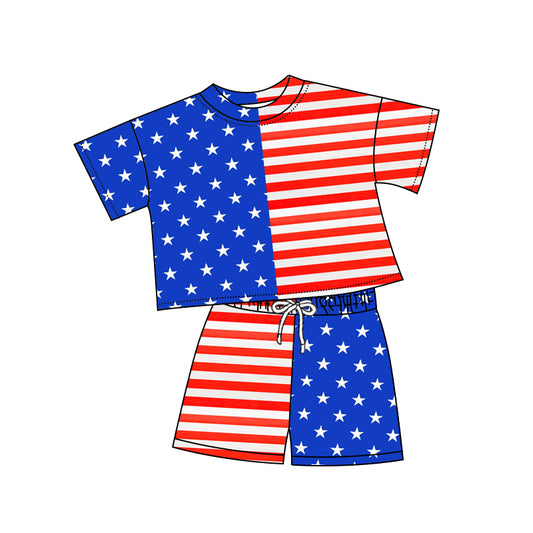 11.8 GSSO2852 Pre order No Moq Baby Girls Blue Red Stars Stripe Top Shorts July 4th Clothes Sets