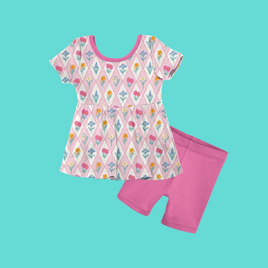 11.11 GSSO2853 Pre order No Moq Baby Girls Flowers Checked Tunic Shorts Clothes Sets