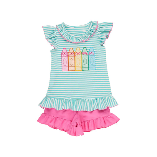 11.12 GSSO2856 Pre order No Moq Baby Girls Stripe Bows Pencils Tunic Ruffle Shorts Back to School Clothes Sets