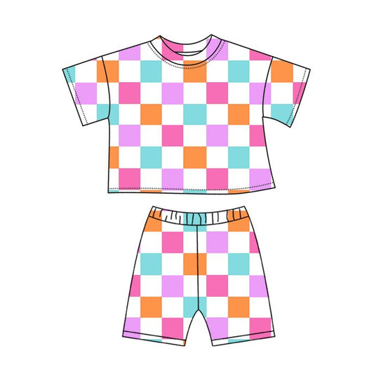 11.13 GSSO2862 Pre order No Moq Baby Girls Colorful Checked Pockets Shorts Clothes Sets