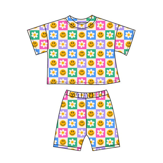 11.13 GSSO2864 Pre order No Moq Baby Girls Colorful Smile Flowers Checked Pockets Shorts Clothes Sets