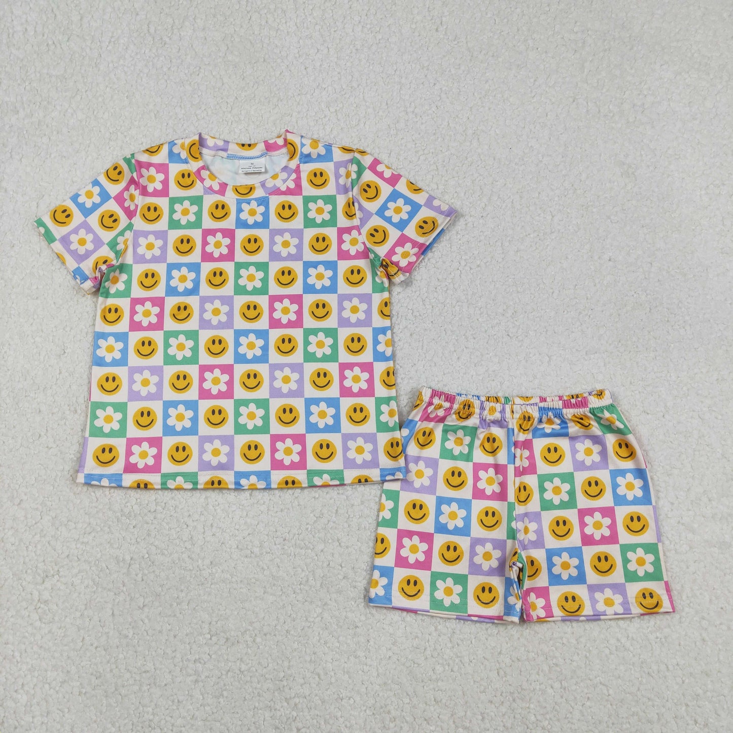 12.17 RTS NO MOQ （In stock）GSSO2864 Baby Girls Colorful Smile Flowers Checked Pockets Shorts Clothes Sets