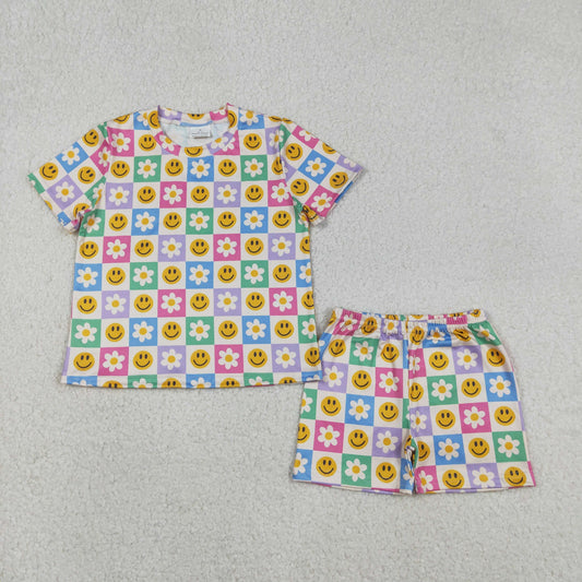 12.17 RTS NO MOQ （In stock）GSSO2864 Baby Girls Colorful Smile Flowers Checked Pockets Shorts Clothes Sets
