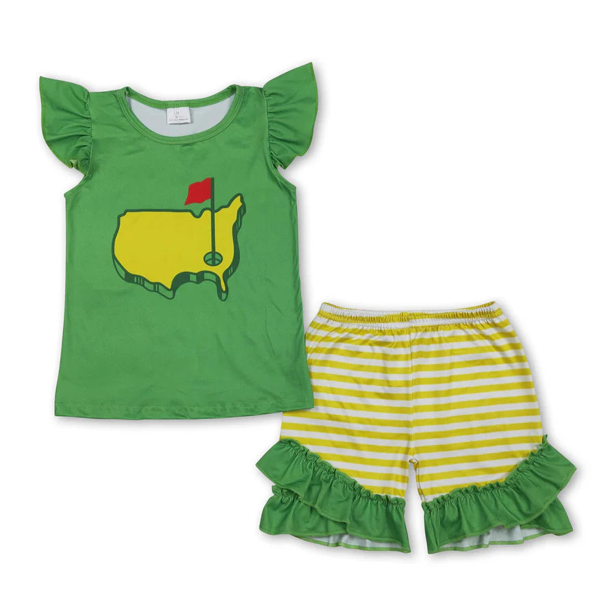 RTS Sibling Baby Boys Girls Green Stripes Golf Shirts Pockets Shorts Clothes Set
