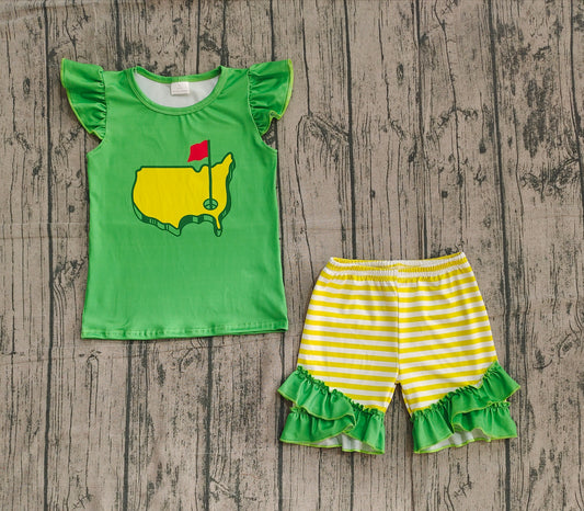 12.27 GSSO2867 Sample No Moq Baby Girls Green Golf Flags Top Ruffle Shorts Clothes Sets