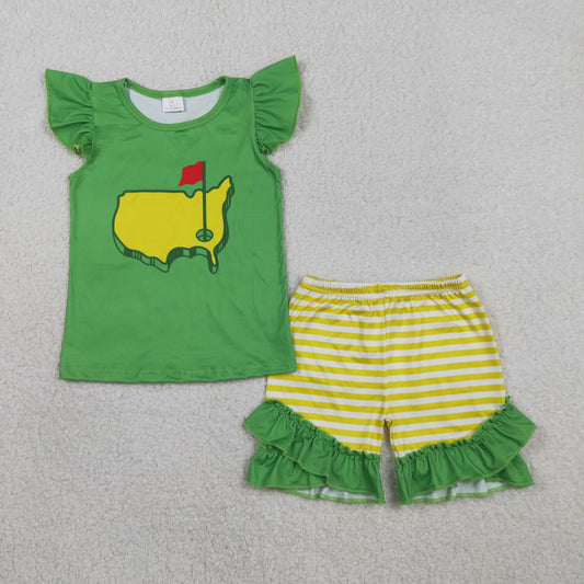 1.22 RTS NO MOQ （In stock）GSSO2867 Baby Girls Flutter Sleeve Green Golf Flags Top Ruffle Shorts Clothes Sets