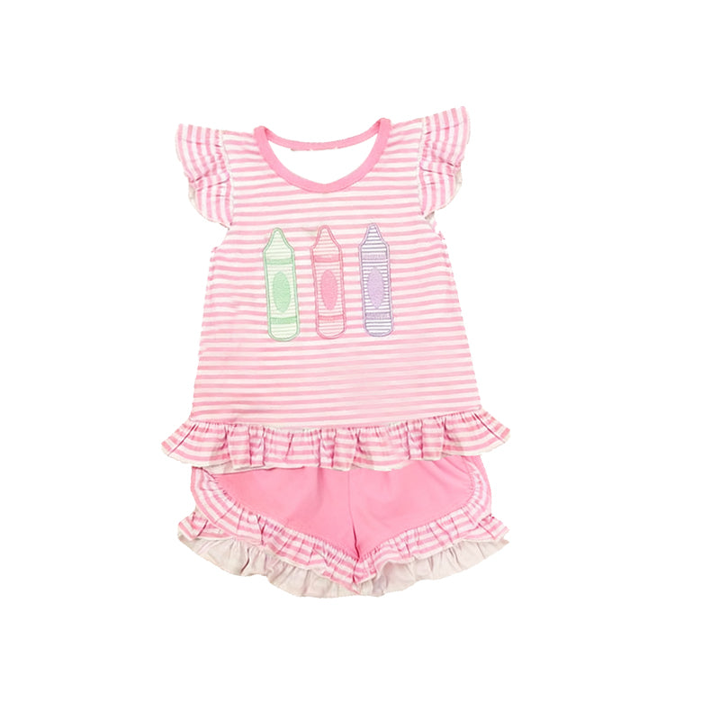 11.14 GSSO2868 Pre order No Moq Baby Girls Stripe Pencils Tunic Ruffle Shorts Back to School Clothes Sets