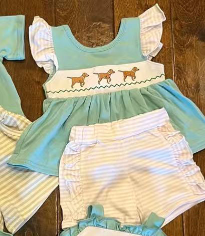 11.15 GSSO2876 Pre order No Moq Baby Girls Dogs Tunic Ruffle Stripe Shorts Hunting Clothes Sets