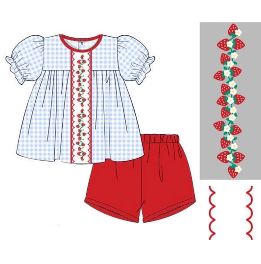 11.15 GSSO2878 Pre order No Moq Baby Girls Strawberry Flowers Checked Tunic Shorts Clothes Sets