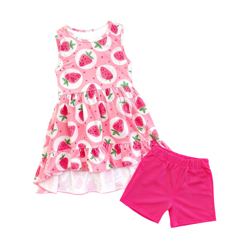 11.15 GSSO2880 Pre order No Moq Baby Girls Strawberry Polka Dots Tunic Shorts Clothes Sets