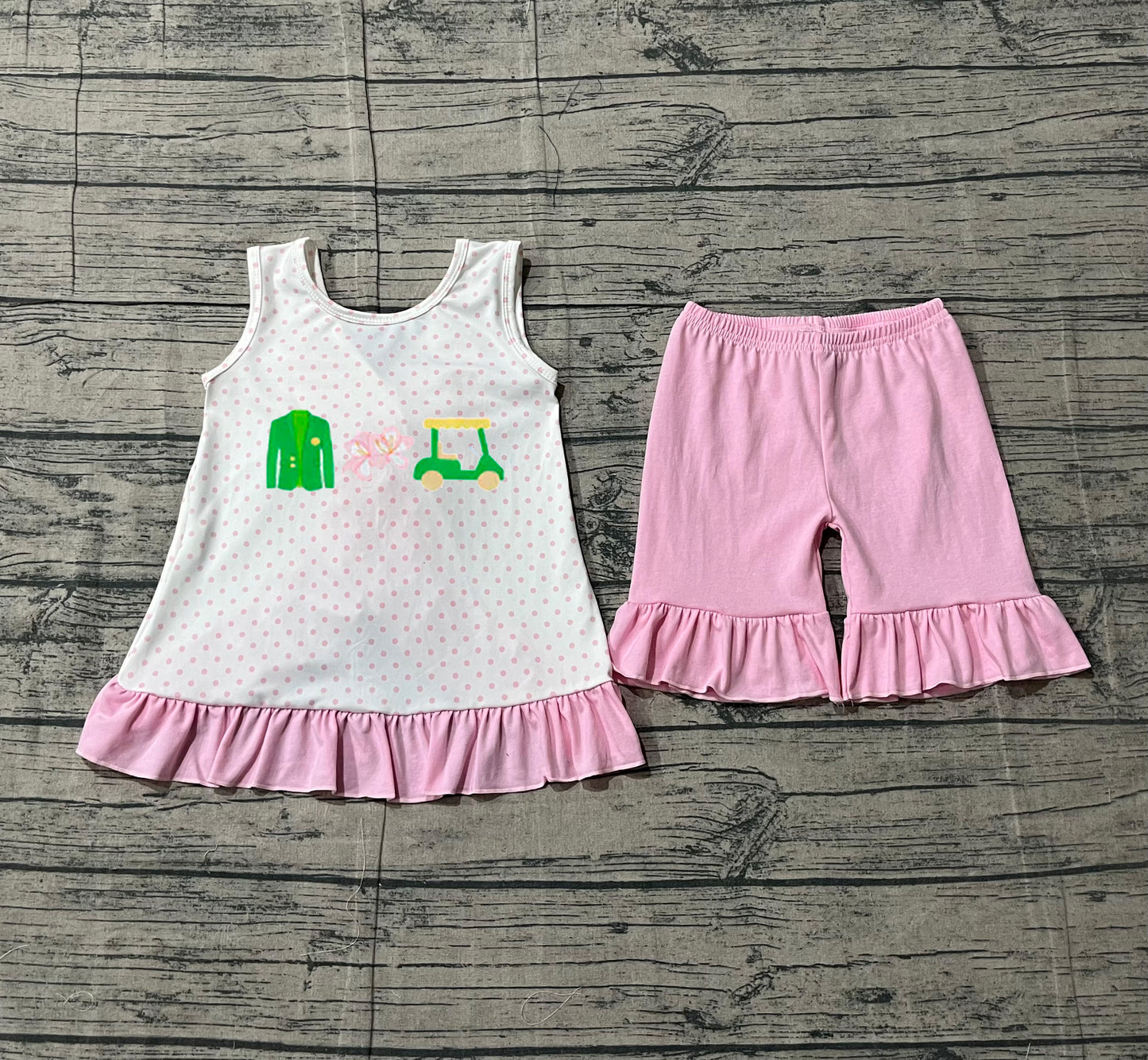 12.26 GSSO2884 Sample No Moq Embroidery Golf Trucks Baby Girls Polka Dots Back Bow Tunic Ruffle Short Clothes Sets