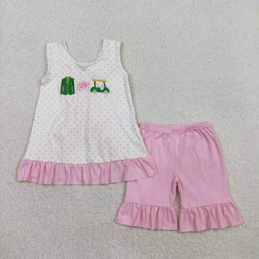 1.26 RTS NO MOQ （In stock）GSSO2884 Embroidery Golf Trucks Baby Girls Polka Dots Back Bow Tunic Ruffle Short Clothes Sets