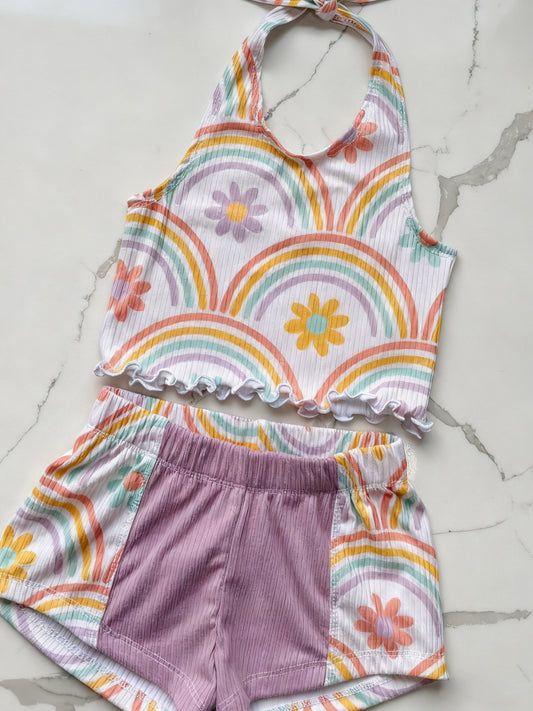 11.18 GSSO2890 Pre order No Moq Baby Girls Strap Flowers Rainbows Checked Top Short Clothes Sets