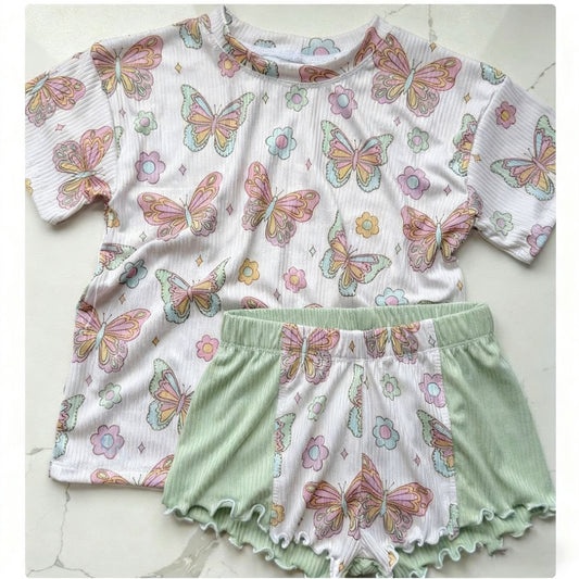11.18 GSSO2892 Pre order No Moq Baby Girls Short Sleeve Flowers Butterfly Top Short Clothes Sets