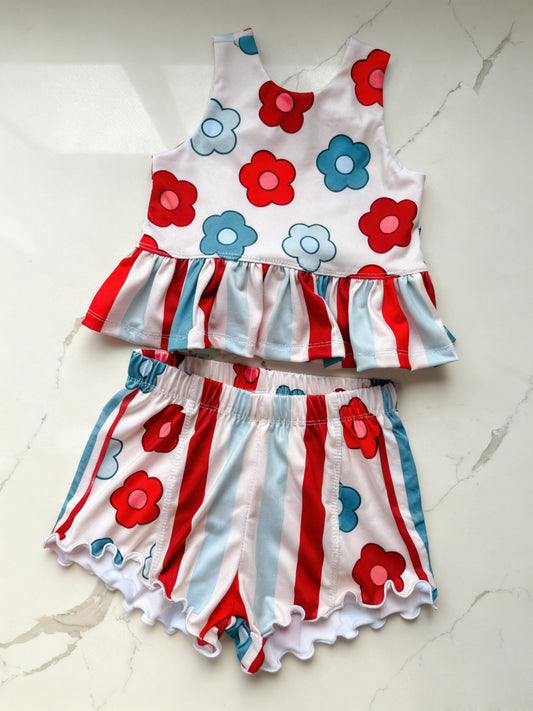 11.18 GSSO2893 Pre order No Moq Baby Girls Sleeveless Flowers Stripe Tunic Short Clothes Sets