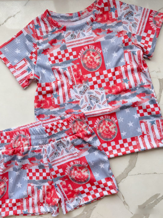 11.18 GSSO2894 Pre order No Moq Baby Girls Stars Checked Top Shorts 4th of July Clothes Sets