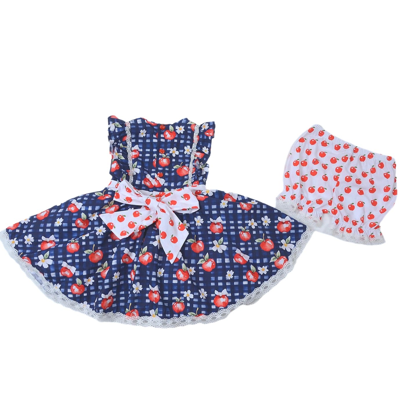 11.19 GSSO2899 Pre order No Moq Baby Girls Apples Flowers Checked Bows Tunic Ruffle Shorts Clothes Sets