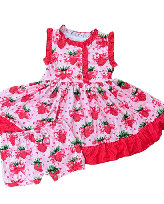 11.19 GSSO2900 Pre order No Moq Baby Girls Bows Strawberry Button Tunic Ruffle Shorts Clothes Sets