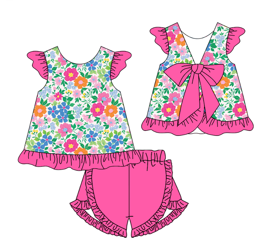 11.19 GSSO2901 Pre order No Moq Baby Girls Colorful Floral Back Bows Tunic Ruffle Shorts Clothes Sets