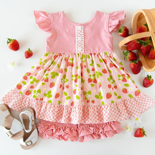 11.19 GSSO2905 Pre order No Moq Baby Girls Flowers Strawberry Button Tunic Ruffle Shorts Clothes Sets