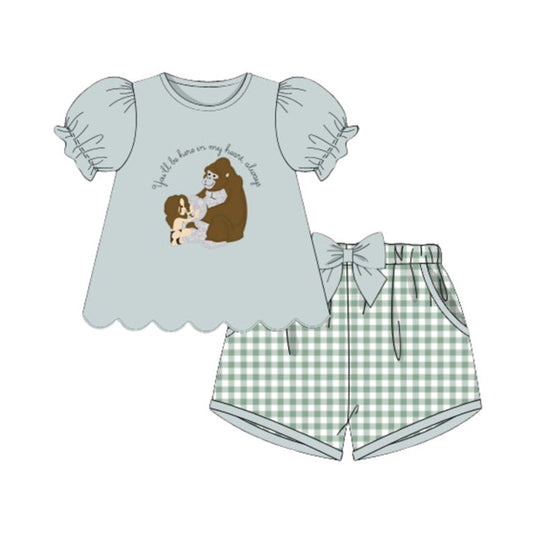11.19 GSSO2906 Pre order No Moq Baby Girls Monkeys Tunic Green Checked Pockets Shorts Clothes Sets