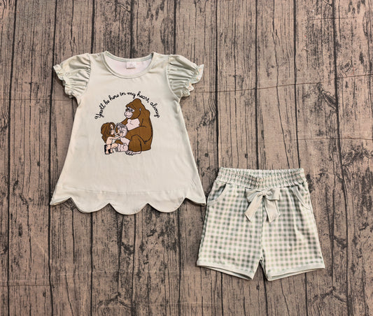 1.7 GSSO2906 Sample No Moq Baby Girls Monkeys Tunic Green Checked Pockets Shorts Clothes Sets