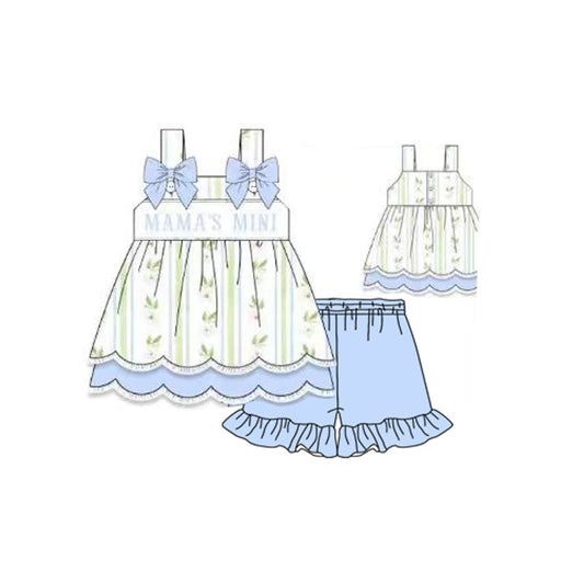 11.19 GSSO2907 Pre order No Moq Baby Girls Blue Straps Mama's Mini Tunic Ruffle Shorts Clothes Sets