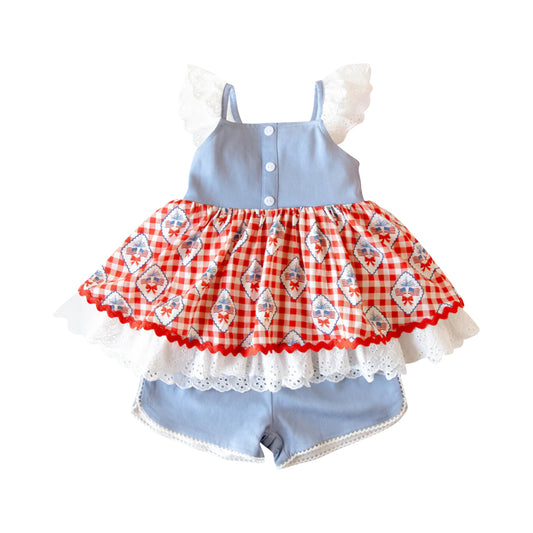 11.19 GSSO2909 Pre order No Moq Baby Girls Button Flag Bows Checked Tunic Shorts 4th of July Clothes Sets