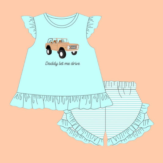 11.19 GSSO2910 Pre order No Moq Baby Girls Daddy Let Me Drive Tunic Stripe Ruffle Shorts Clothes Sets