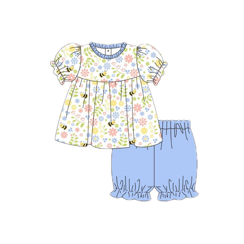 11.20 GSSO2911 Pre order No Moq Baby Girls Short Sleeve Floral Bee Tunic Ruffle Shorts Clothes Sets