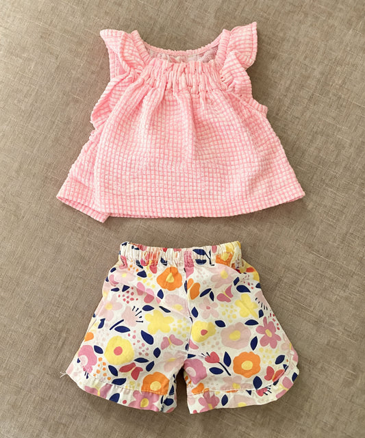 11.20 GSSO2912 Pre order No Moq Baby Girls Pink Checked Flutter Sleeve Tunic Flowers Shorts Clothes Sets