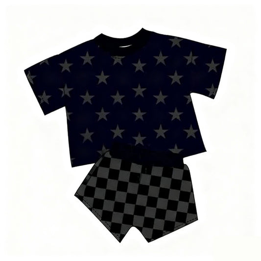11.20 GSSO2913 Pre order No Moq Baby Girls Stars Short Sleeve Top Checked Shorts Western Clothes Sets