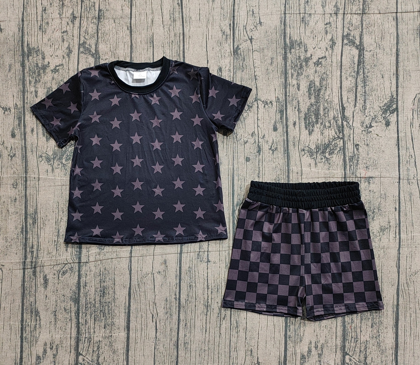 1.15 GSSO2913 Sample No Moq Baby Girls Stars Short Sleeve Top Checked Shorts Western Clothes Sets