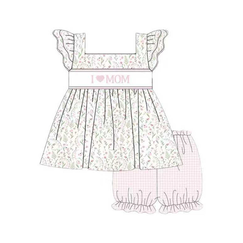 11.20 GSSO2915 Pre order No Moq Baby Girls Pink I Love Mom Floral Tunic Checked Ruffle Shorts Clothes Sets