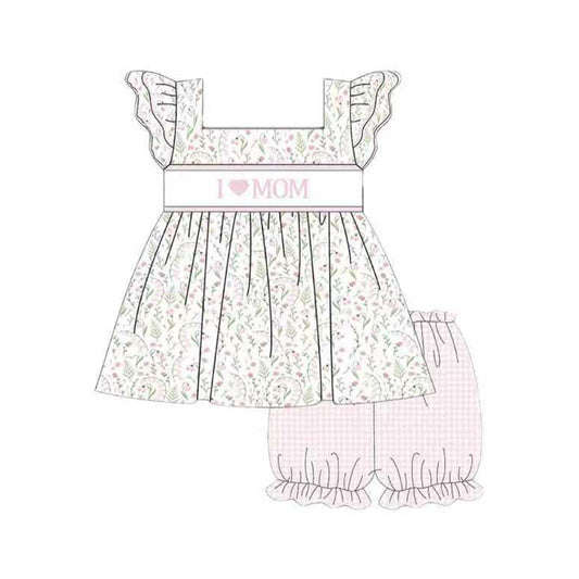 11.20 GSSO2915 Pre order No Moq Baby Girls Pink I Love Mom Floral Tunic Checked Ruffle Shorts Clothes Sets