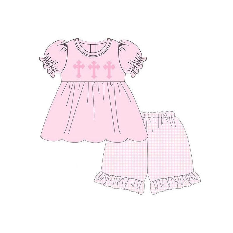 11.20 GSSO2916 Pre order No Moq Baby Girls Crosses Tunic Checked Ruffle Shorts Easter Clothes Sets