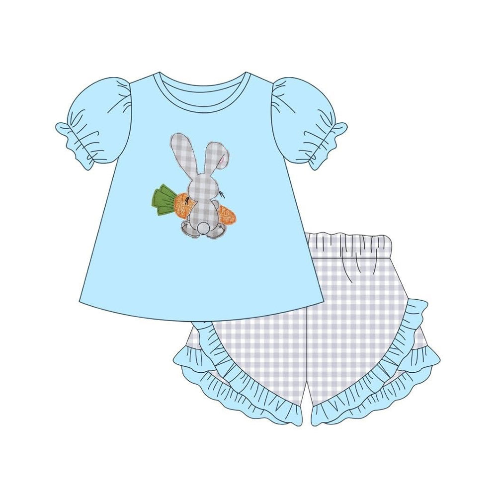 11.20 GSSO2917 Pre order No Moq Baby Girls Rabbit Carrots Tunic Checked Ruffle Shorts Easter Clothes Sets
