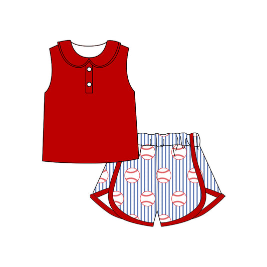 11.21 GSSO2921 Pre order No Moq Baby Girls Button Collar Top Baseballs Stripe Shorts Team Clothes Sets