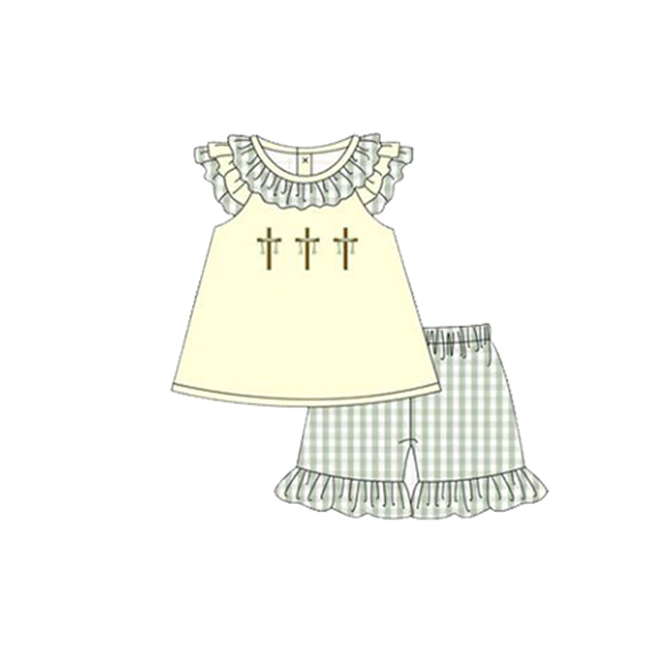 11.22 GSSO2923 Pre order No Moq Baby Girls Crosses Collar Tunic Checked Ruffle Shorts Easter Clothes Sets