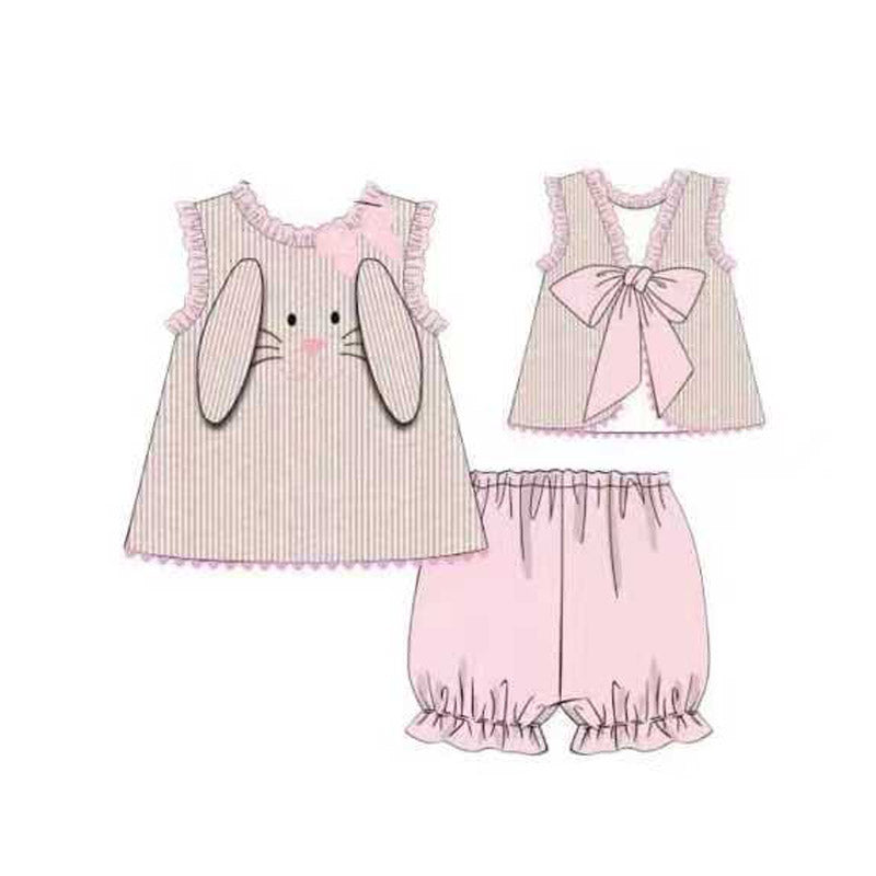 11.22 GSSO2924 Pre order No Moq Baby Girls Pink Stripe Rabbits Back Bows Tunic Ruffle Shorts Easter Clothes Sets