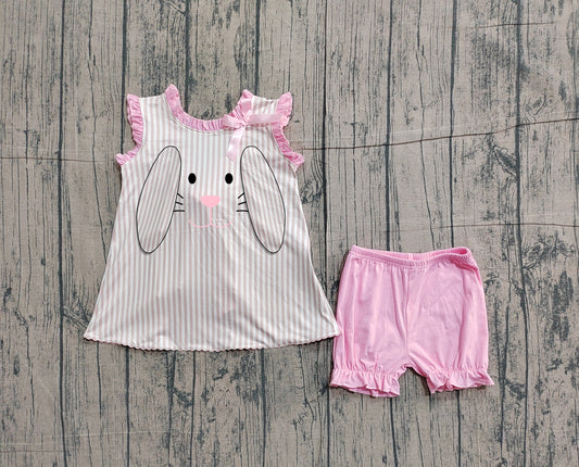1.22 GSSO2924 Sample No Moq Embroidery Rabbits Baby Girls Back Bows Stripe Tunic Ruffle Shorts Easter Sets